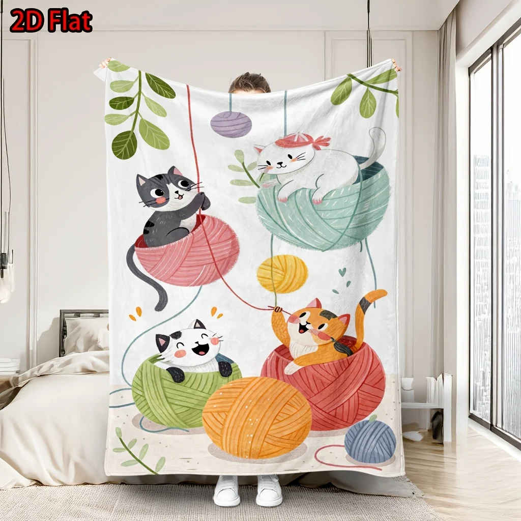 Adorable Cat Yarn Knitting Blanket Throw Fleece Nap Cozy Plush Cartoon Decoration for Living Room Nursery Bed Gifts