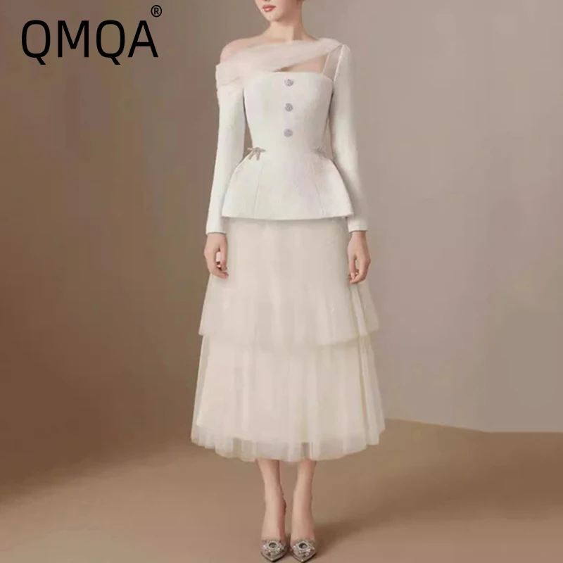 QMQA Fashion Women's 2 Piece Sets Diagonal Collar Spliced Mesh Long Sleeve Tops Mid-length Gauze Skirts Set Female Clothing A598