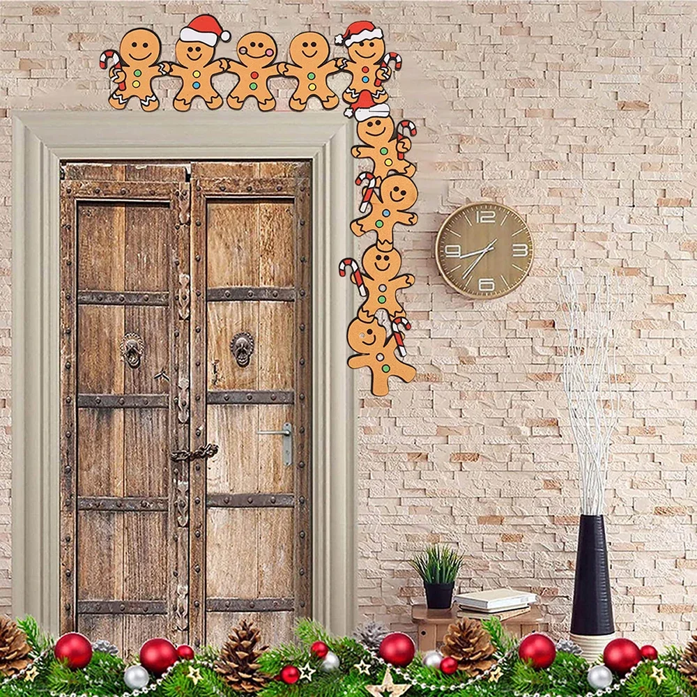 Décoration de coin de porte de bonhomme en pain d'épice en bois mignon, cadre en bois avec chapeaux de père Noël et canne, décorations de fête de Noël