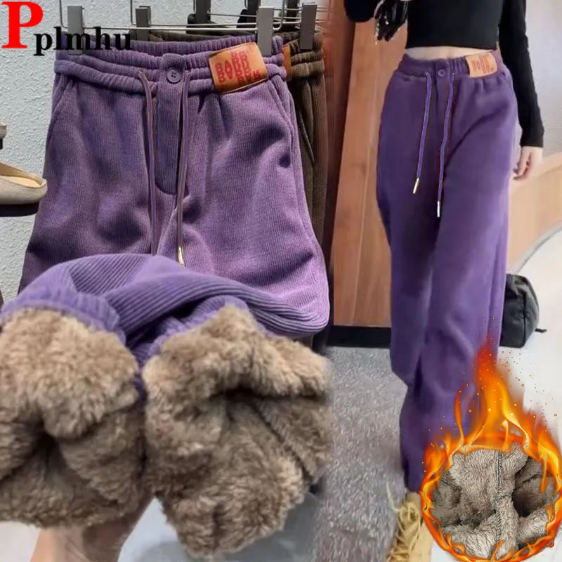 

Thick Fleece Lined Lace-up High Waist Jogger Pants Ankle Length Harem Pantalones Korea New Sweatpants Winter Warm Women Spodnie