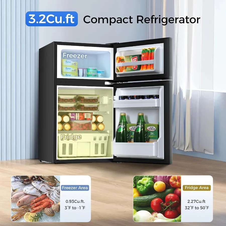 Compact Mini Fridge with Freezer 3.2 Cu.Ft Double Door Design for Home Kitchen Dorm Apartment - Adjustable Temperature Control