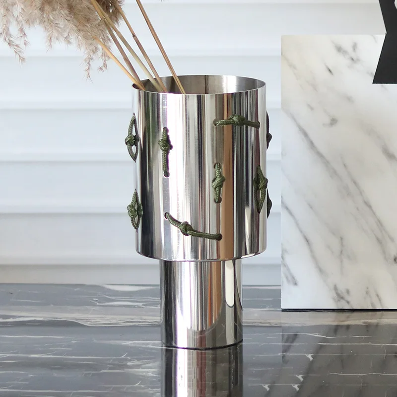creative art knot dried flower vase ornament hotel model room metal large diameter cylindrical vase soft decoration