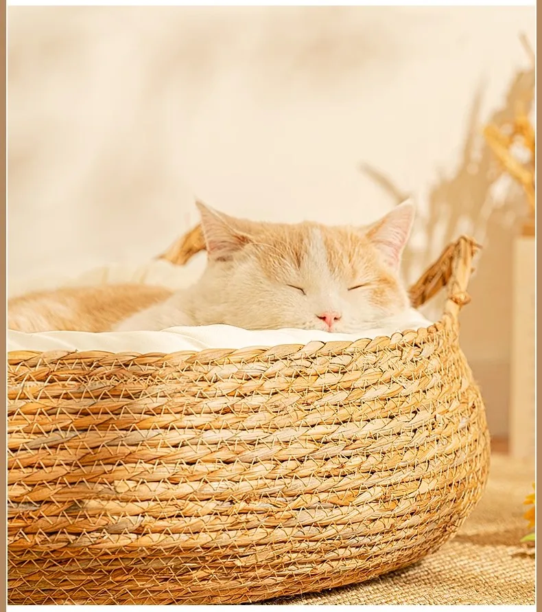 YOKEE-Four Season Rattan Cat Bed, Cat Scratching Board, Washable Litter Woven Removable Cushion, Sleeping House, Cat Accessories