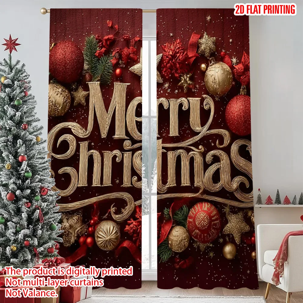 

2pcs 2D flat printing Merry Christmas Scene Curtains red Christmas Machine Washable Polyester Without Electricity Holiday