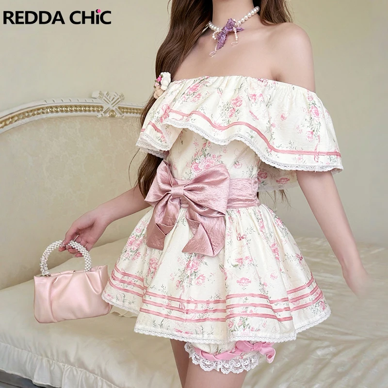 ReddaChic Bow Cinched Shirt & Bloomers Women Matching Set Cottagecore Floral Ruffle Blouse Elastic Waist Shorts Coquette Clothes