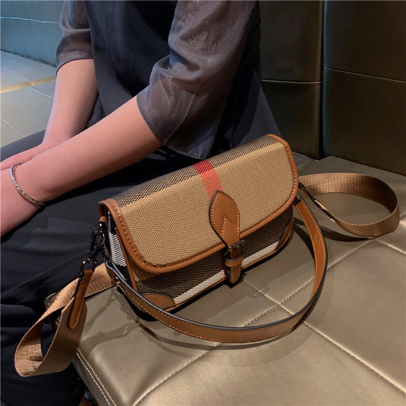 Canvas Genuine Leather Women Bag 2024 Trend Luxury Underarm Bag Striped Shoulder Crossbody Handbags Designer Hand Bags Ladies