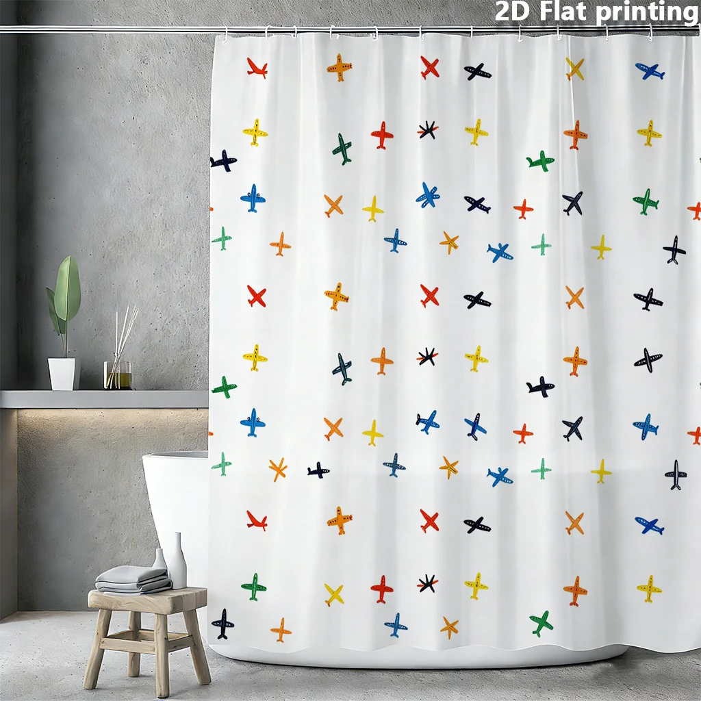 

Красочная ретро-шторка для душа с изображением самолетов – разноцветные самолеты и звезды, 2D плоский принт, полиэстер, 70,8x70,8 дюймов