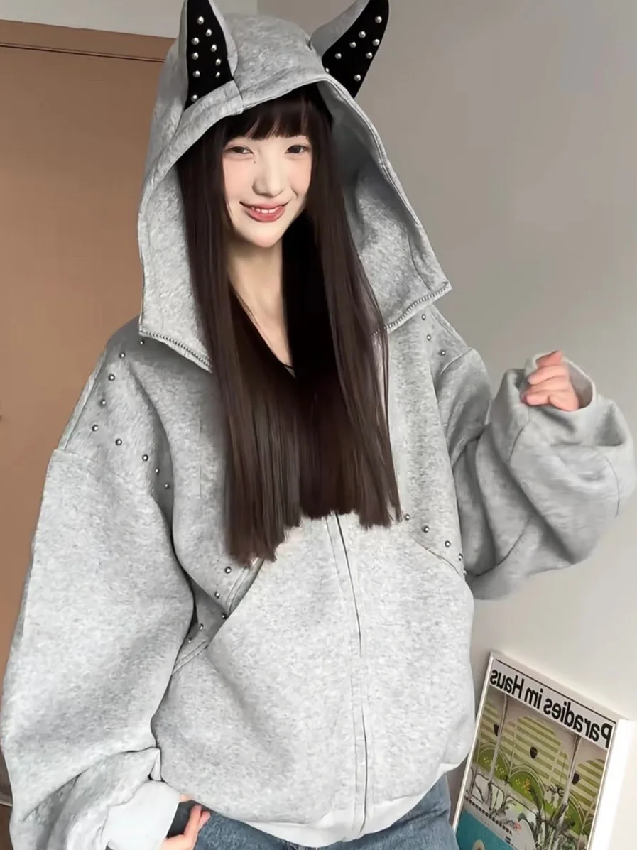 American Sle Rivet Doberman oreilles sweat à capuche femmes ample doux Cool Sle ort Cardigan manteau automne saison coton matériel