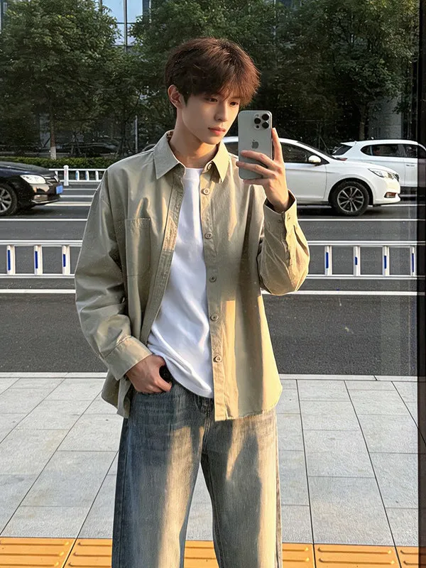 

Khaki Pure Cotton Long Sleeve Men's Shirt Loose Casual Workwear Jacket Breathable Comfortable Autumn Fashion Classic Style
