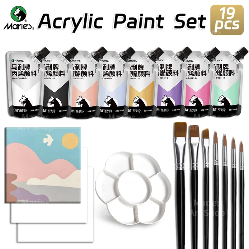 Marie's 19pcs Acrylic Paints Set,#Morandi Muted Tones Colors,8 Colors 100ml/3.38oz,Rich Pigments for Canvas, Crafts,Fabric,Wood
