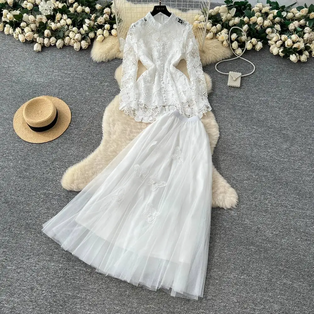 

Винтажная элегантная сетка с длинными рукавами, корейская модная женская одежда, церемониальные платья, комплект из двух предметов