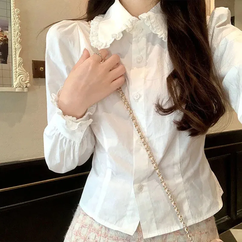 Lucyever Sweet Cute Peter Pan Collar Shirt Ladies Preppy Style Students Slim White Shirts Women Korean Long Sleeve Blouses New