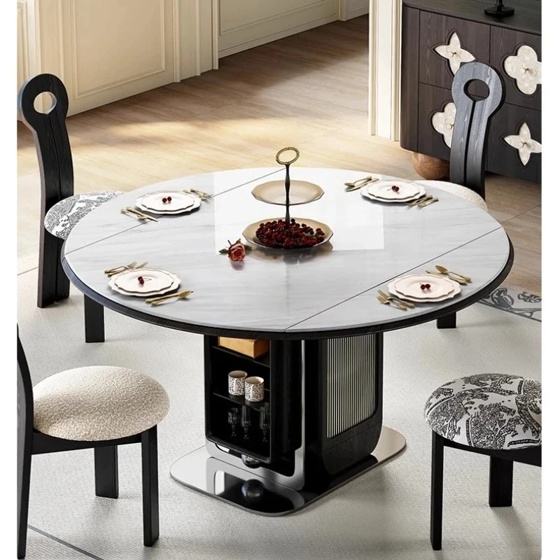 

Furniture Black French Retro Microcrystalline Stone Exquisite Retractable Round Solid Wood Dining Table Dual Use