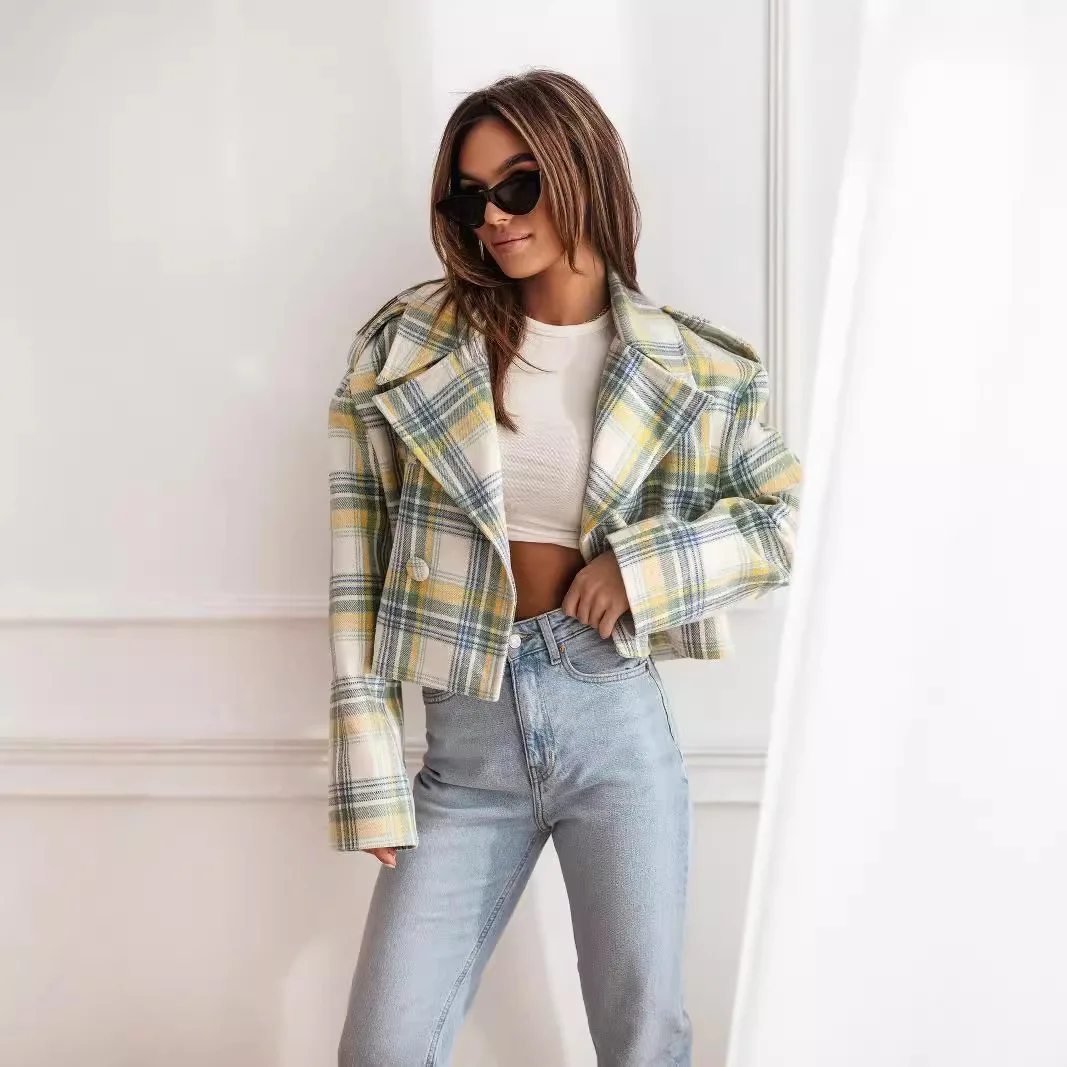 autumn winter Woolen plaid crop coat women fashion long sleeve print jacket casual loose office chaqueta ladies