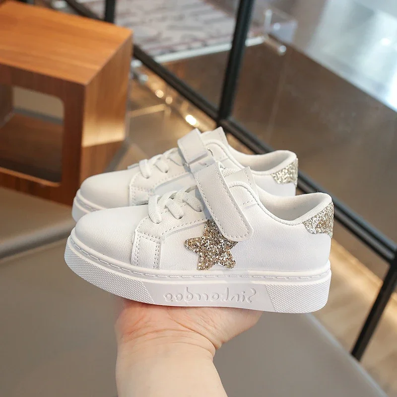 Black/gold Childrens Sports Shoes with Star Shaped Anti Slip Wear-resistant 2025 New Spring Autumn Outdoor PU Boys Casual Shoes