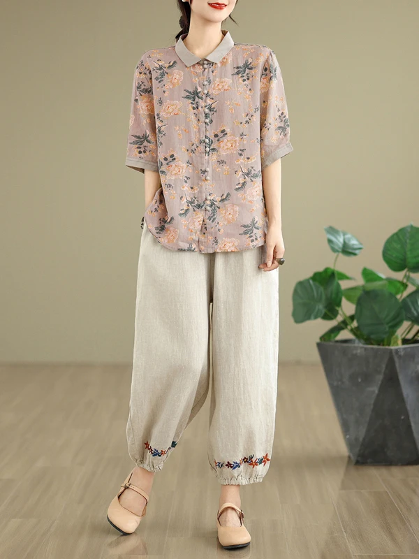 

Модный комплект из хлопкового льна с вышивкой f Sve Отложной воротник Цветочный и восьминадцать брюк Комплект из двух предметов для...