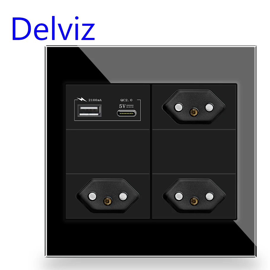 Delviz Brazil Standard Power Outlet,10A/20A AC 110V~250V,120mm*120mm Glass Panel,USBC charging, Electric plug Triple Wall Socket