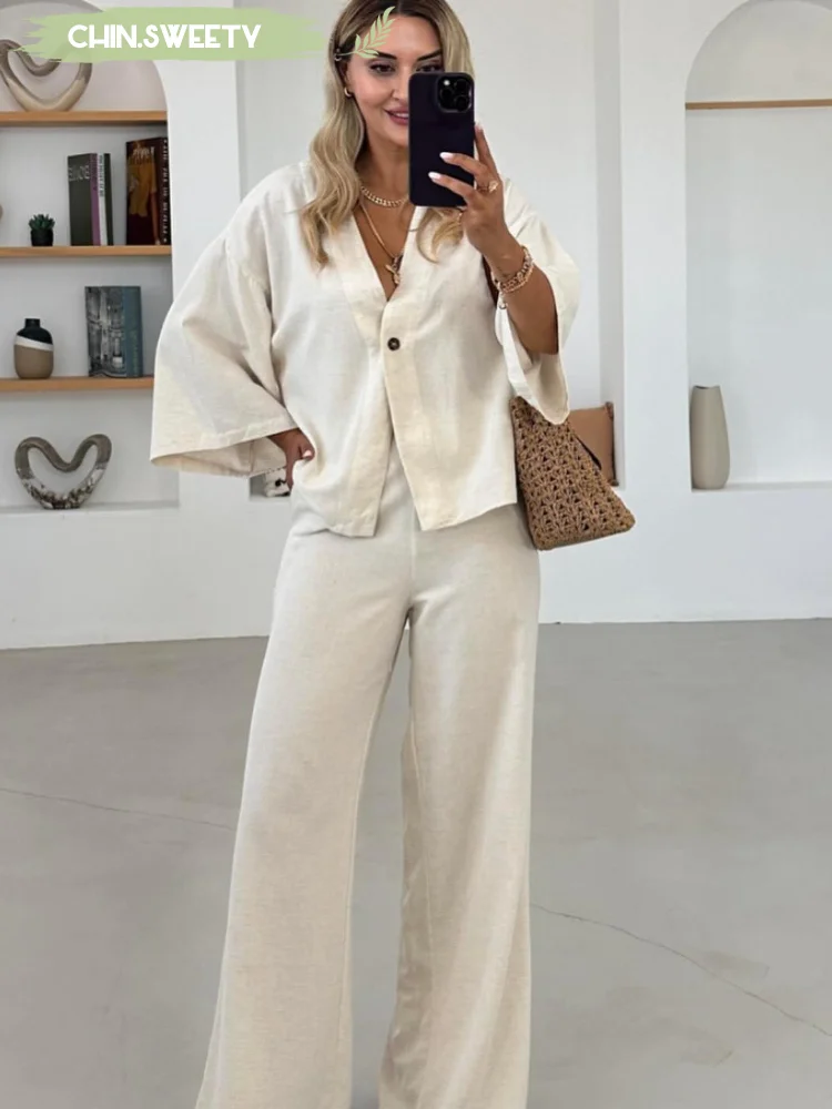 

Solid Cotton Linen Loose Shirt Pants Set Women Casual Daily Long Sleeved Oversized Two Piece Bottom Suit 2025 New Summer Outfit