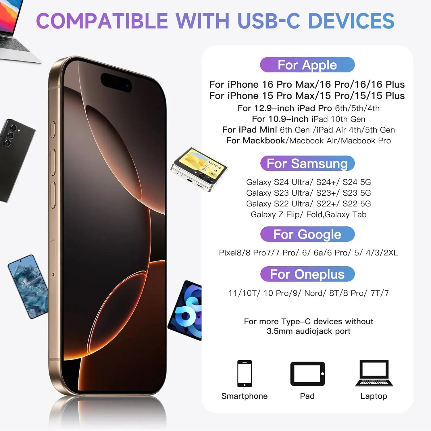 HiFi صوت بدون فقدان مع ميكروفون سماعة Type-C/3.5mm سماعات رأس سلكية للموسيقى لهاتف Google Pixel 9 8 7 Samsung S25 S24 S23 S22 Xiaomi