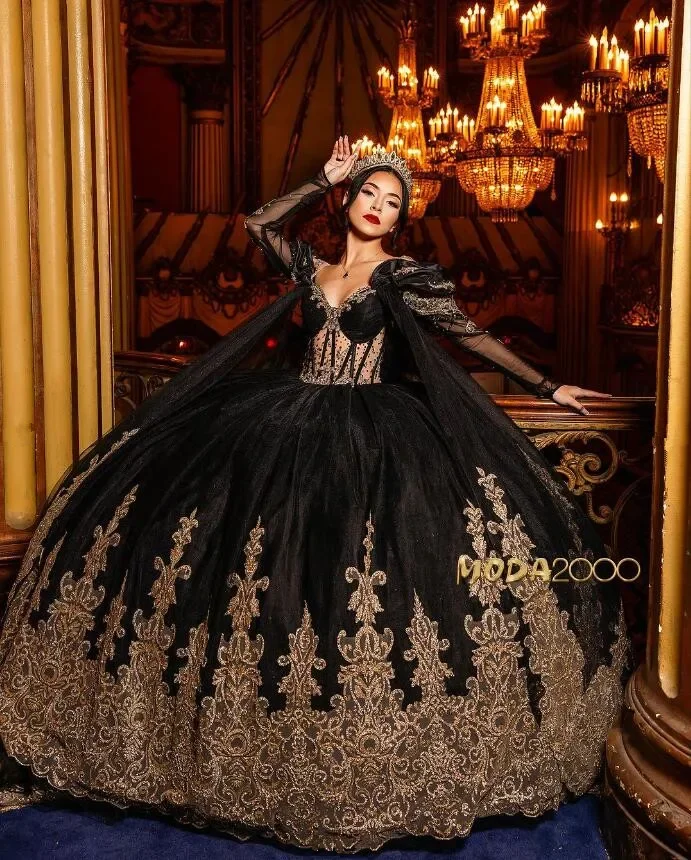 Vestido de princesa para quinceañera, traje gótico negro con capa, corsé de deshuesado, hombros descubiertos, 15 años, con lazo, para baile