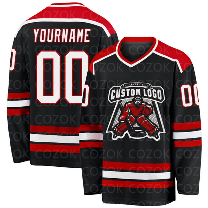 Custom Black Red Vintage Flage Hockey 3D Print You Name Number Men Women Ice Hockey Jersey Competition Training Jerseys