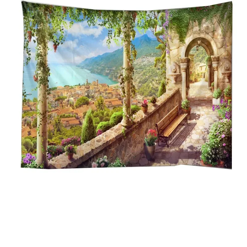 VIKAMA Coastal Cave Window View Tapestry Turquoise Ocean Blue Sky Cliff Nature Landscape Wall Hanging Bedroom Backdrop Decor
