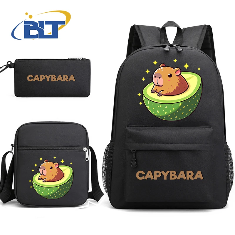 Cute Capybara Cartoon Animal Print zaino per studenti Set zaino nero borsa a tracolla astuccio 3 pezzi Set per ragazzi e ragazze