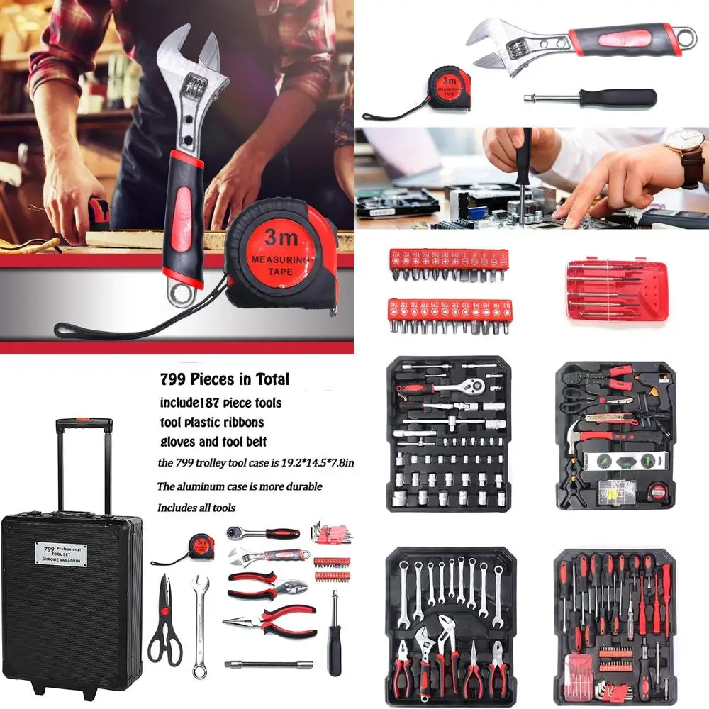 

Набор инструментов для ремонта дома из 799 предметов в серебристом кейсе на колесиках с ремнем, идеально подходит для Дня отца