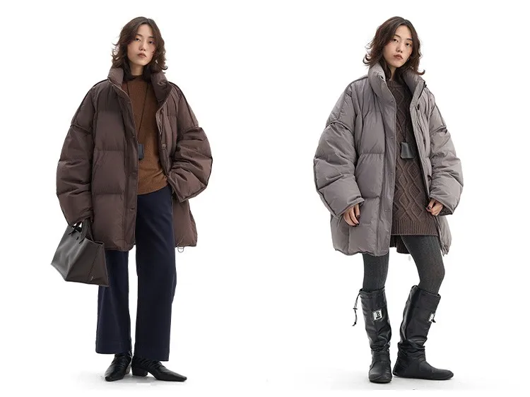 Women's Mid-Length Oversized down Jacket with Stand Collar, Warm Oversized Jacket Filled with White Duck Down, New Winter 2025 Model