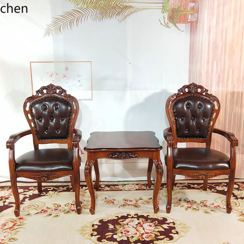 Dining Chair Genuine Leather  Vintage Armrest Desk Chair Negotiation Leisure Balcony Coffee Table Chair Three-Piece Set