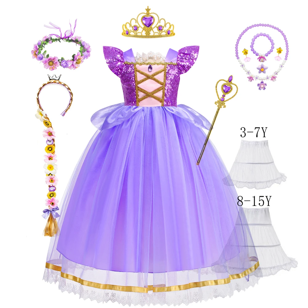 Girl Rapunzel Dress for Kids Halloween Princess Cosplay Costume for Birthday Party Gift Purple Sequins Mesh Clothing