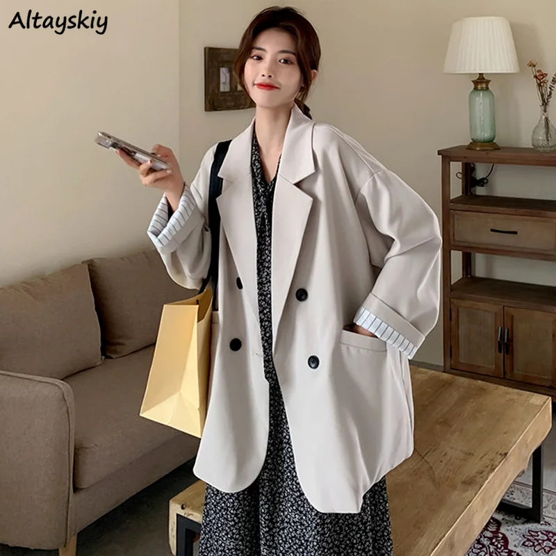 

Blazers Women Double Breasted Fashion Outerwear Solid Loose Chic Spring Office Basic Notched Ladies Cool All-match Cozy Retro