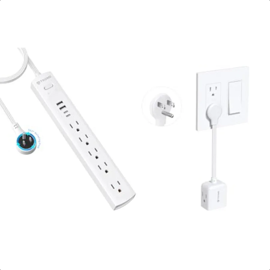 Flat Outlet Extender with 6 Inch Cord Flat Plug Extension Outlet Splitter Adapter + Surge Protector Power Strip with 360 Rotati