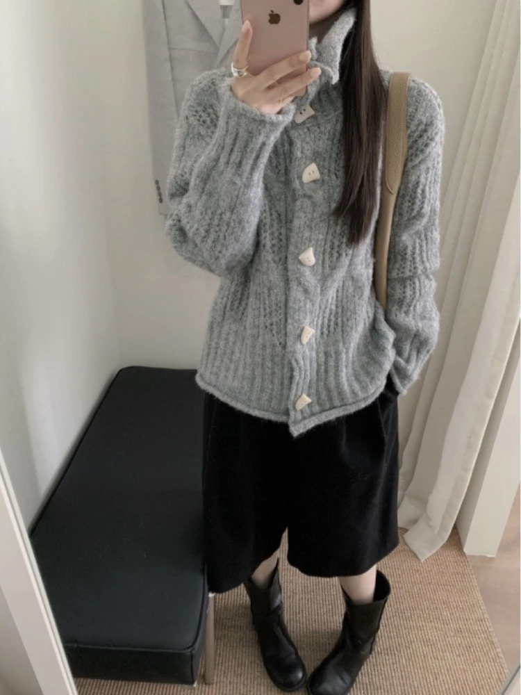 

2025 корейский свободный ленивый свитер, женский модный вязаный осенне-зимний теплый кардиган в стиле Харадзюку, серые винтажные женские джемперы