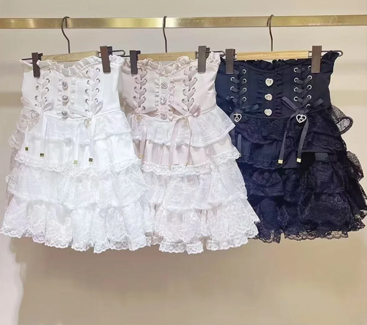 

Cute Japan Sweet Lolita Style Mini Skirt Women Elegant Lace Bandage Party Cake Skirt Female Gothic Y2k Metal Buckle Skirt Short