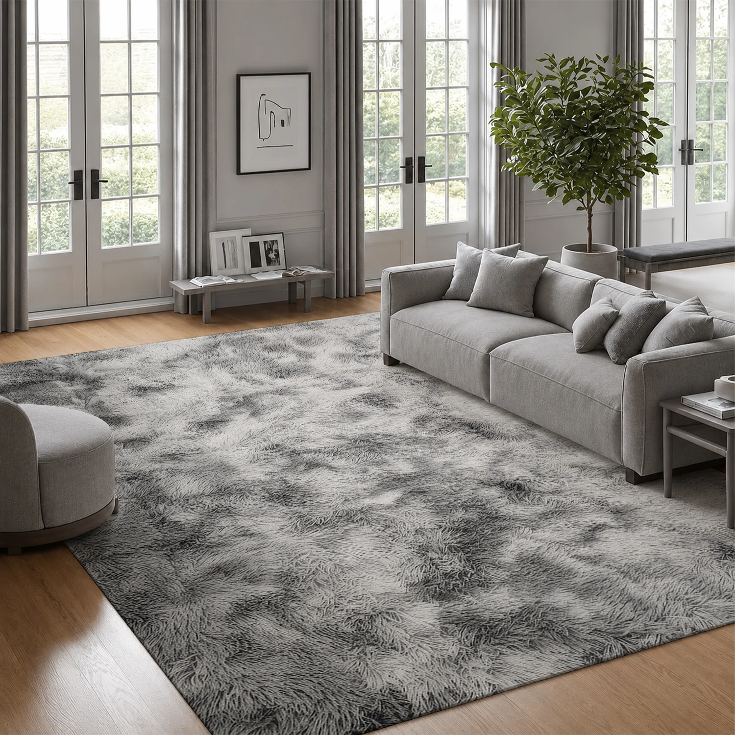 Large Indoor Shaggy Velvet Area Rug, Soft Low Pile, Non-Slip Dotted Backing, Machine Washable, Gray Tie-Dye Pattern, Ideal for Living Room, Bedroom, Cozy Plush Home Floor Decor