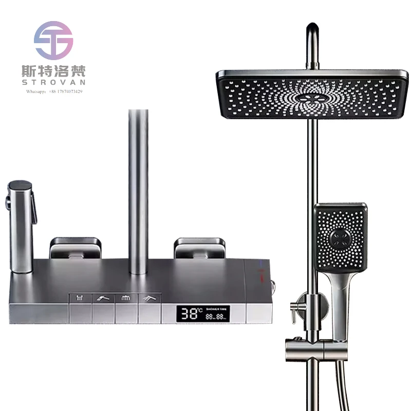 النحاس الحائط شاشة ديجيتال ضوء البيانو دش خلاط مجموعة ثرموستاتي الأمطار الحمام صنبور مع صمام السيراميك الأساسية #1