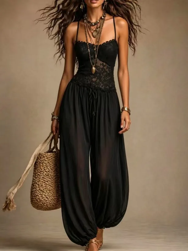 Damen Nude Spitzen-Overall mit Spaghettiträgern, V-Ausschnitt, transparent, locker geschnitten, durchsichtiger Playsuit, Sommer-Strand-Boho-Einteiler-Outfit – Detail 4