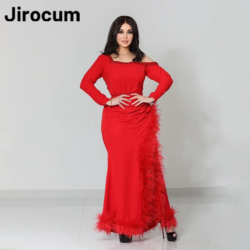 Jirocum Red Mermaid Prom Gowns Women's Feather Beaded Party Evening Gown Ankle Length Saudi Arabia 2024 Formal Occasion Dress