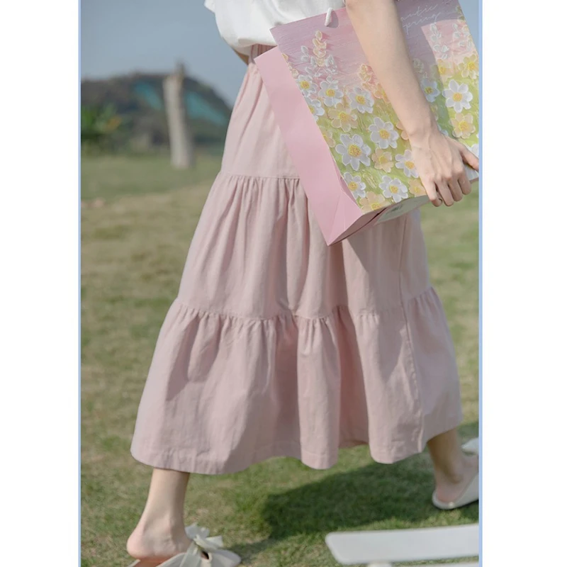 Casual Fashion Elastic Waist Skirt Women 2024 Summer New Student Solid Color Sweet Skirt Female Versatile Fairy Skirt