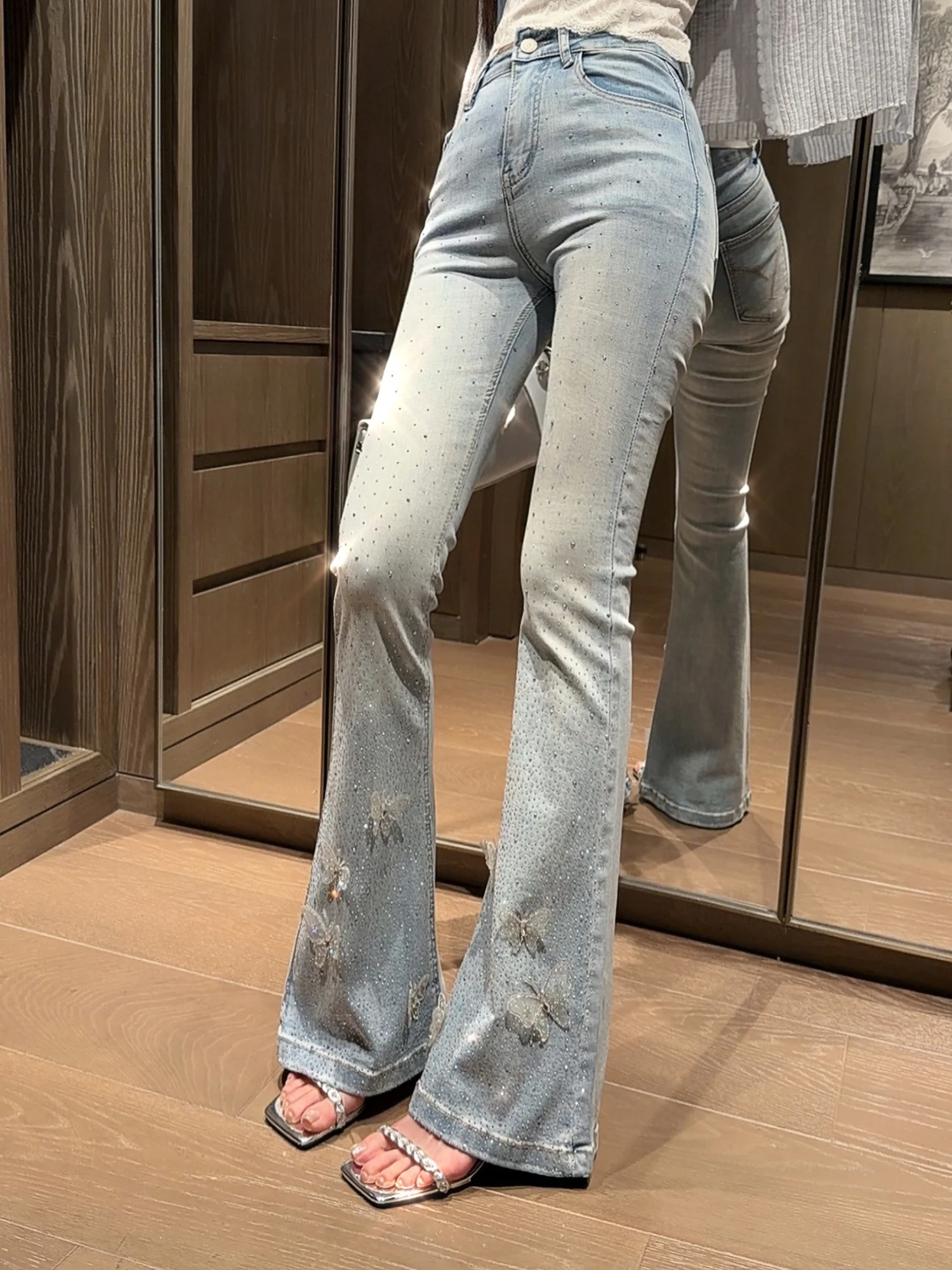 

High Waist Flared Jeans Princess Style Urban Main Character Denim Blue Cotton Blend with Heat Set Rhinestones LADIESFIRST