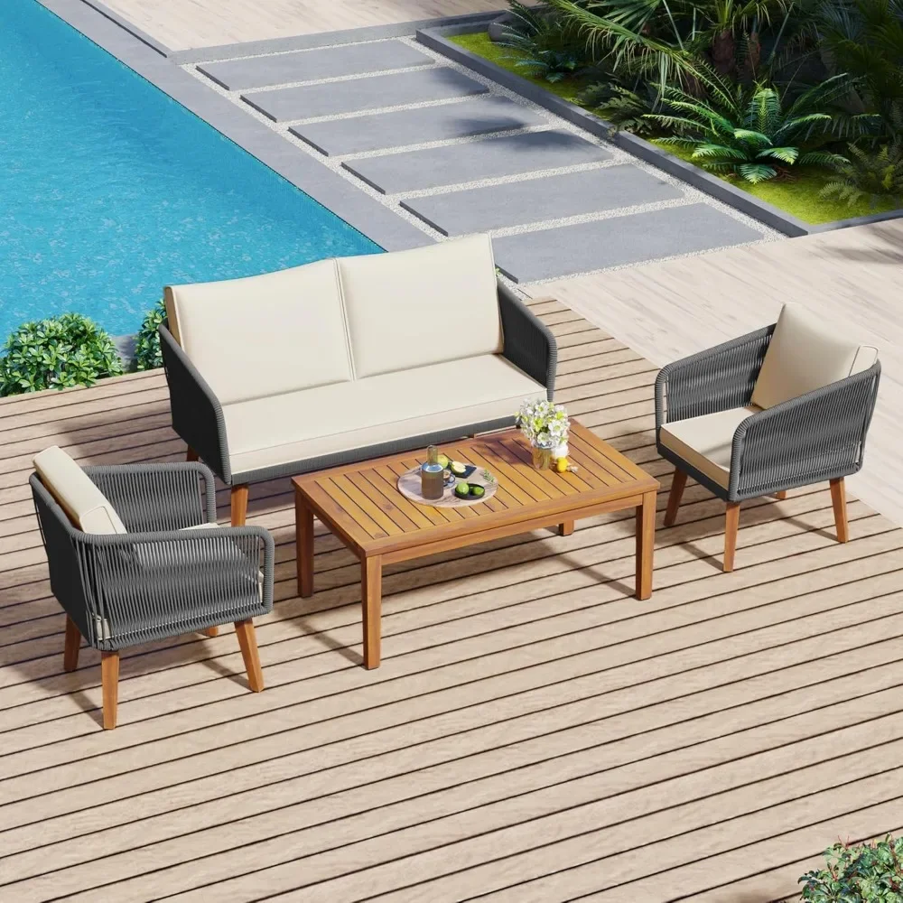 

4-Piece Patio Conversation Set, All Weather Sectional Sofa Set with Washable Cushions, Solid Wood Outdoor Group with Loveseat