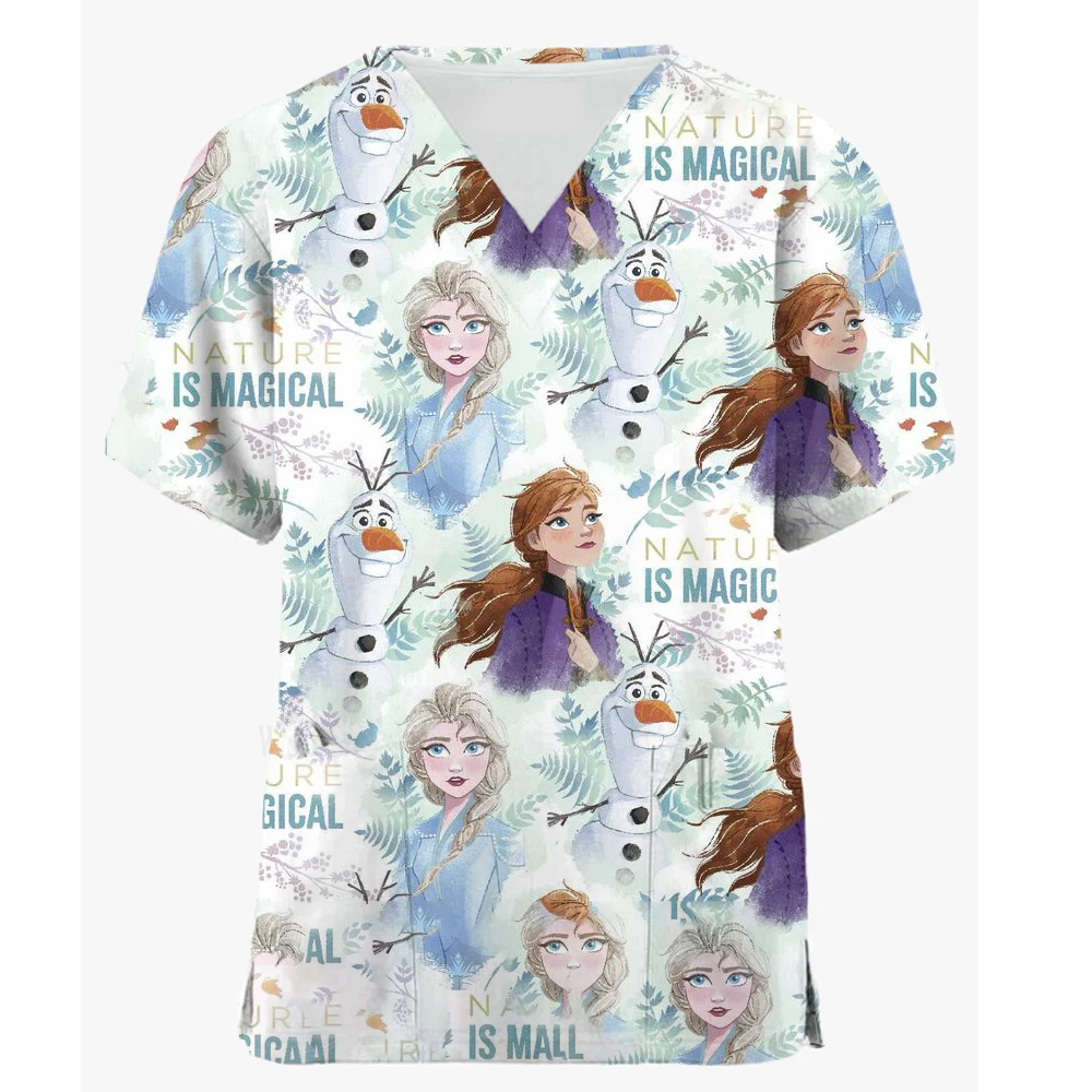 Miniso Womens Short Sleeve V Neck Disney Princess Print Nursed Working Blouse Pockets Mock Hospital Nursing Uniform Accessory