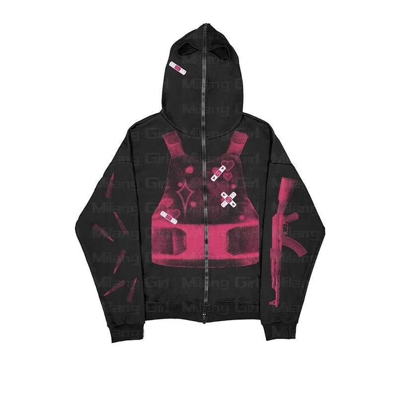 Y2k ขนาดใหญ่เต็มรูปแบบ Zip Up Hoodies กราฟิกพิมพ์ Hooded หลวมแขนยาวเสื้อ Harajuku Hip Hop Grunge Pullovers เสื้อ