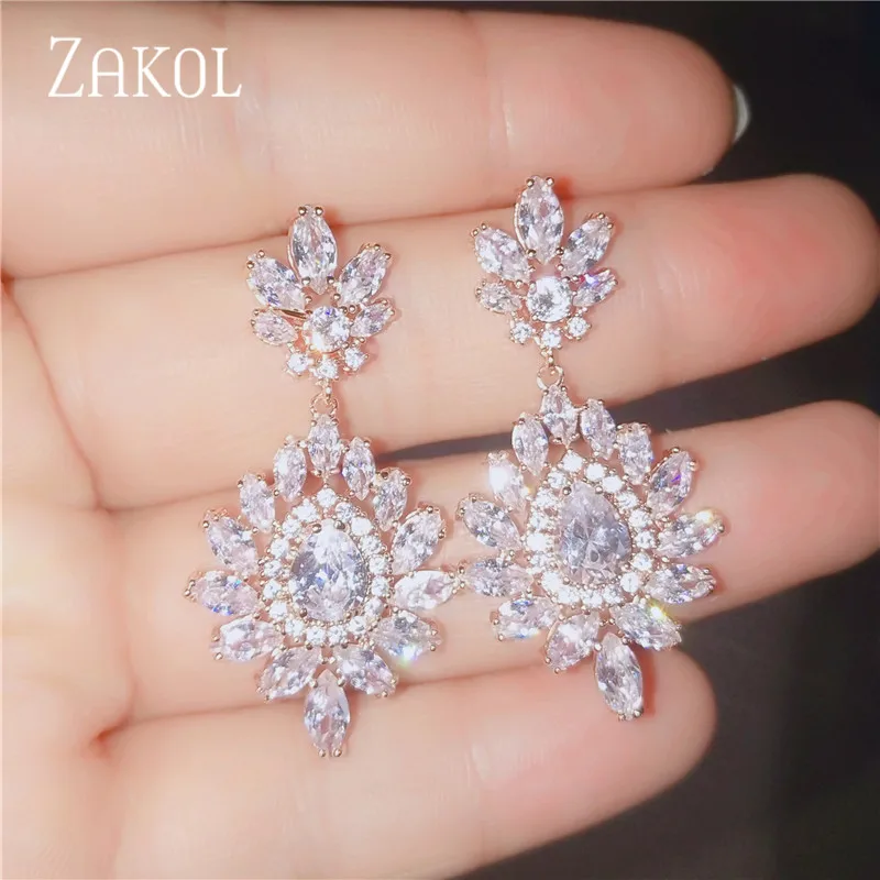 ZAKOL Luxury Rose Gold Color Crystal Leaf Drop Earrings for Wome Shinny Cubic Zirconia Bridal Wedding Jewelry