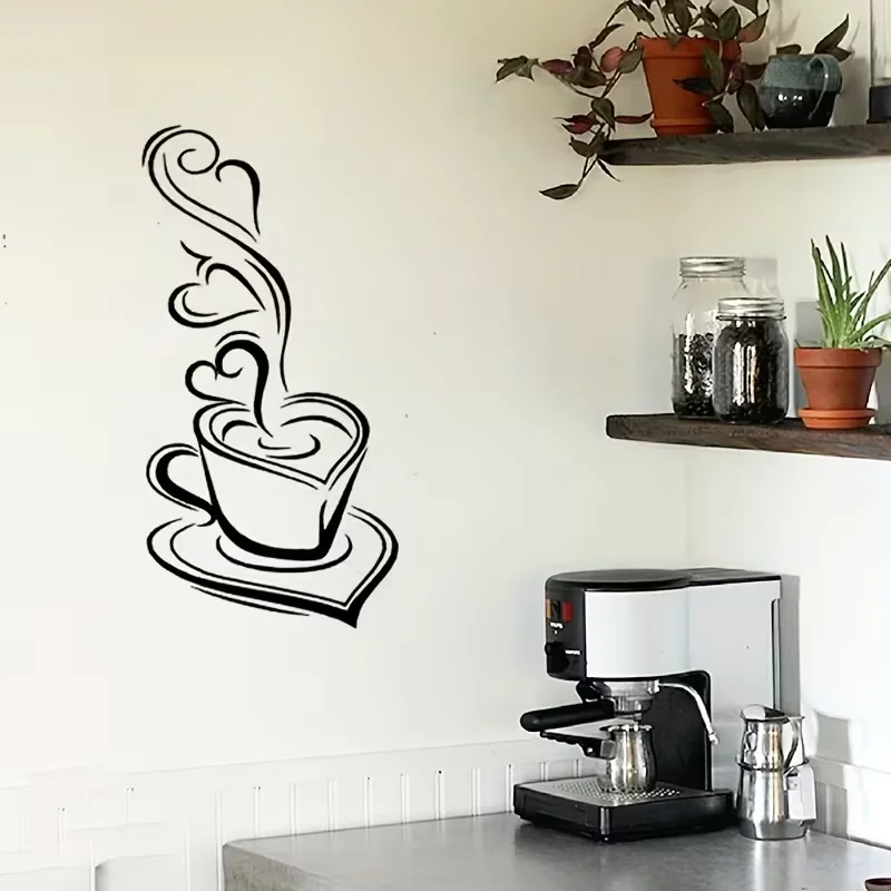 1pc Coffee Pattern Vinyl Wall Sticker Creative Home Cafe Bar Art Decor Delicious Coffee Mugs Waterproof Removable Wall Decals Fo