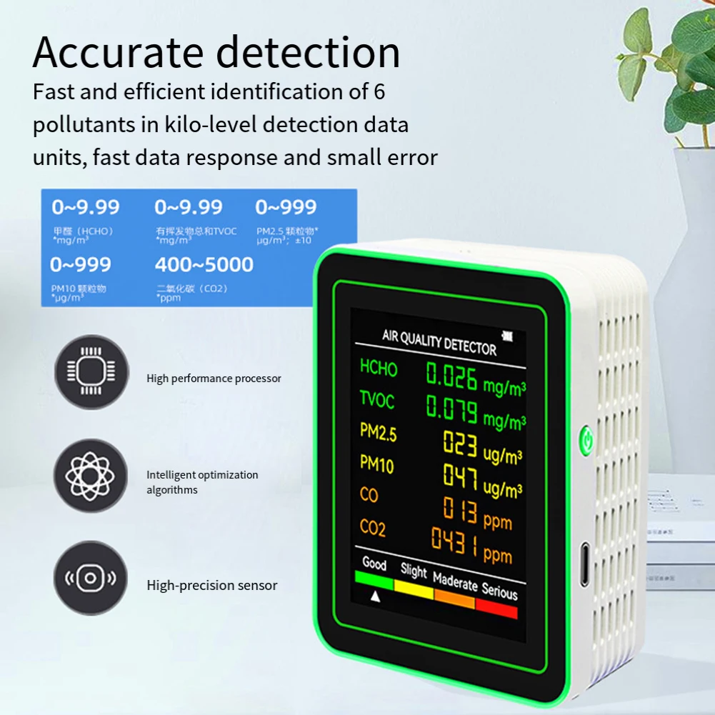 6 In 1 Air Quality Detector Portable Carbon Dioxide Detector Multi-Function PM2.5 PM10 Air Quality Detector Gas Detector