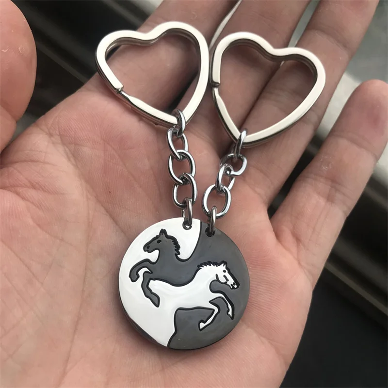 2pcs Horse Matching Puzzle Keychain Animal Stainless Steel Couple Lover Key Chain Ring Purse Bag Backpack Charm Accessories Gift