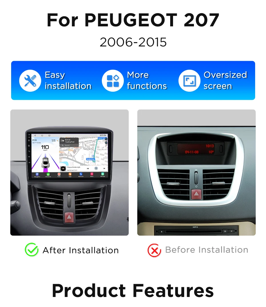 Junsun 360° ° Panorama Kamera Auto Radio Für PEUGEOT 207 207CC 2006-2015 Drahtlose CarPlay Bildschirm Android Auto Stereo GPS Navi RDS – Detail 2