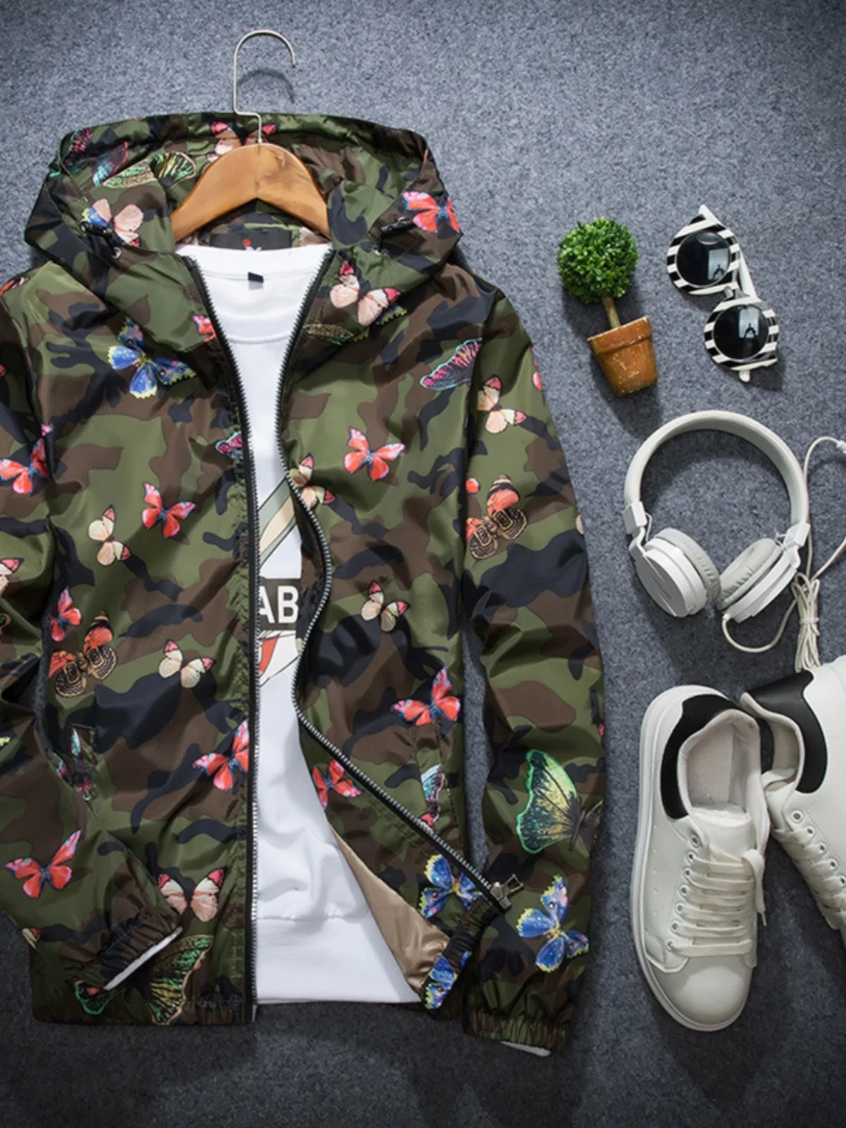 

Thin Camouflage Hooded Cardigan Coat Youthful Spring Autumn Outerwear Zipper Closure Long Sve Stand Fit Printed Jaet